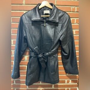 Charles Klein Black Leather Belted Jacket M, 100% Leather